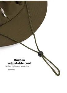 Detail of adjustable drawstring and ripstop fabric on olive green sun protection boonie hat
