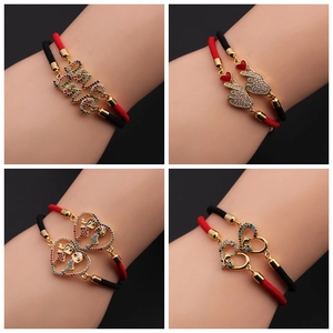 Handmade Woven Rope Bracelet With Copper Heart Charm And Cubic Zirconia Adjustable Jewelry For Women Couples Mother