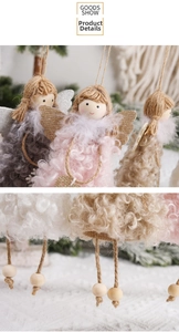 Détail d'anges faits main avec laine d'agneau, perles en bois et ailes en jute