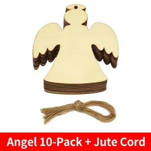 Set of 10 laser-cut wooden angel ornaments with natural jute rope for Christmas DIY