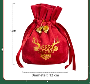 Detail showing red velvet Christmas drawstring bag with gold deer antlers and dimensions