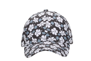 Detailed front view of black baseball cap with white and blue hibiscus floral print