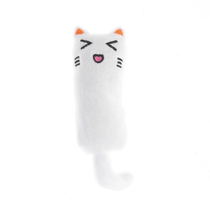 Close-up of white plush catnip toy with orange ears and cute embroidered expression