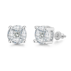 Detail view of silver hip hop studs featuring cushion-cut pave stones and screw-back posts