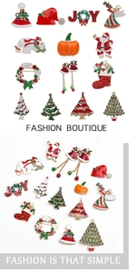 Macro detail of various Christmas enamel pins with red, green and gold rhinestones