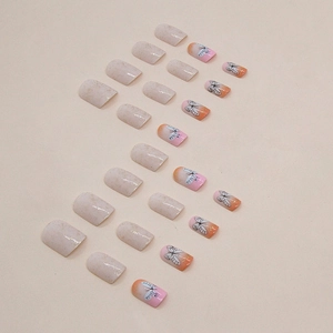 Short square glitter press-on nails with butterfly designs and beige stone patterns