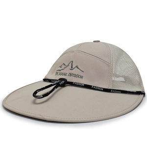 Khaki cotton outdoor sun hat with wide brim, embroidery and breathable mesh back