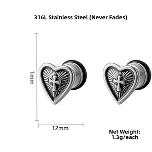 Detailed view of 316L stainless steel heart earrings with cross relief, 1.3g each