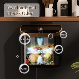 Wall-mounted kitchen trash can with wood grain lid and transparent viewing window