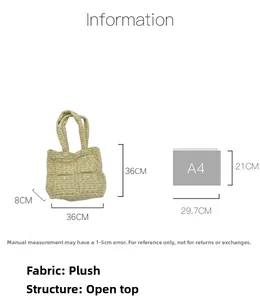 Detailed size comparison of a light green plush tote bag against an A4 paper sheet