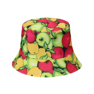Bright yellow fisherman hat with colorful apple print and decorative stitching