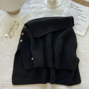 Detail of black knit shawl featuring three side wood buttons on white textured fabric