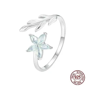 S925 sterling silver open ring featuring a light blue flower and leaf design