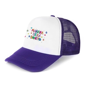 Detail view of purple and white mesh trucker hat with MAÑANA SERA BONITO print