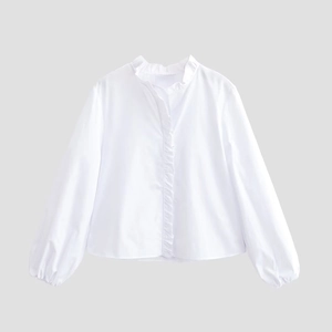 Elegant white long sleeve poplin shirt featuring a ruffled stand collar and lantern sleeves