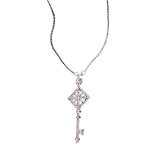 Silver vintage rhombus flower key pendant necklace with sparkling cubic zirconia crystals