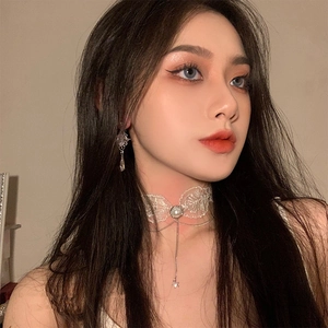 Baroque teardrop zircon earrings with white lace choker and star pendant set