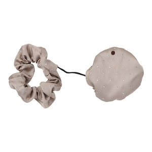Beige satin drink cover hair scrunchie set with sparkling rhinestones for safety