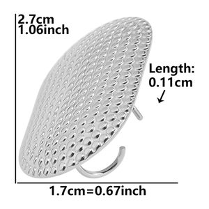 Detailed size view of silver oval 304 stainless steel earrings with textured scale finish