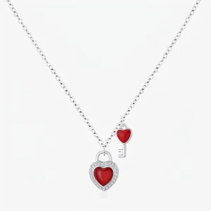 925 Sterling Silver Necklace With Heart Lock And Key Pendants Red Enamel Zircon Romantic Jewelry For Women