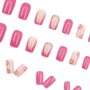 Hot pink and nude floral press-on nails set with rhinestones in long square shape