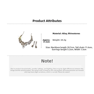 Detailed dimensions of rhinestone teardrop necklace set with alloy material specs