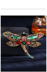 Macro view of crystal dragonfly brooch with multicolor rhinestones on velvet box