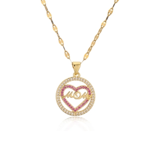 Collier avec pendentif MAMA en forme de cœur doré 18K avec zircons roses et blancs