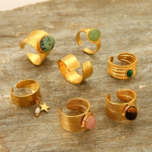 French retro adjustable gold stainless steel rings set with natural stones and pearls