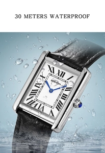 Detail showing 30m waterproof performance of rectangle silver watch with blue crown