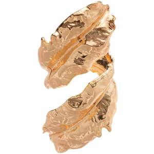 Golden wrinkled leaf open arm cuff bracelet with metallic texture on white background