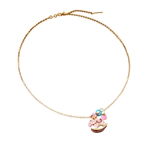 Enamel carousel horse pendant necklace on a gold chain with pink and blue charms