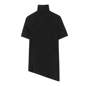 Detail of black high-neck T-shirt showing its asymmetric hemline and cotton texture