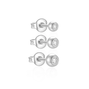 Detailed view of three silver S925 sterling silver ball stud earrings with white zircons
