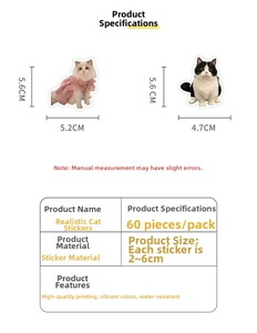 Detailed size chart for waterproof realistic kitten stickers showing 2 to 6cm dimensions