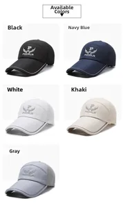 Detail view of five outdoor baseball caps with mesh vents and long brims in various colors