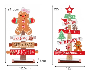 Detail of wooden gingerbread man and Christmas tree tabletop ornaments with dimensions