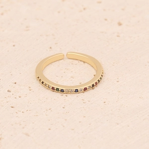 Detailed top view of gold adjustable open ring with multi-color cubic zirconia inlay