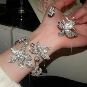 Butterfly Flower Open Cuff Bangle Copper Sparkling Rhinestone Adjustable Elegant Jewelry For Women Silver Tone