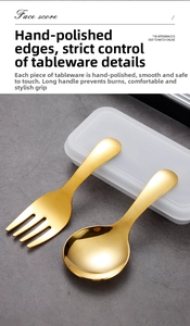 Close-up of hand-polished golden 304 stainless steel spoon and fork with long handles