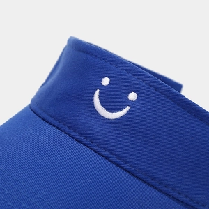 Dark blue cotton sun visor hat with white embroidered smile face for outdoor use