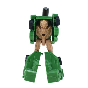 Close-up of military green armored tank robot toy with realistic treads and plastic joints