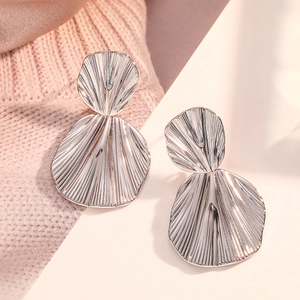 Silver geometric pleated fan-shaped earrings with vintage metallic texture for women