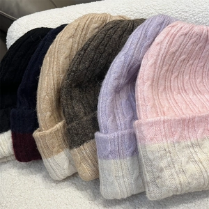 Cable Knit Beanie Hat Polyester Contrast Color Warm Winter Cuffed Sweet College Style Women