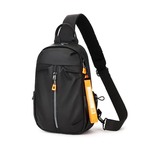 Waterproof black men's chest bag with orange strap and breathable shoulder mesh