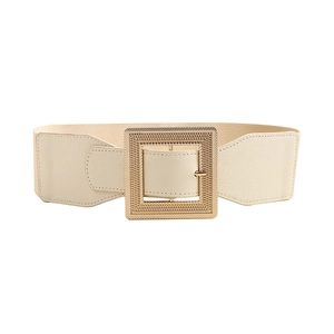 Chic beige elastic wide waist belt with decorative gold square buckle for dresses