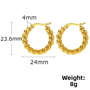 Detail view of twisted rope hoop earrings in gold with exact size and 8g weight measurements