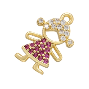 Gold-plated girl pendant with white and magenta zircons on white background