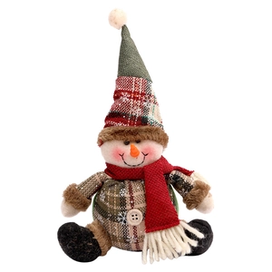 Christmas snowman plush doll with red scarf and checkered hat for festive home decoration