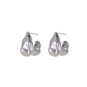 Detail of silver titanium steel flower earrings with molten lava design on white background